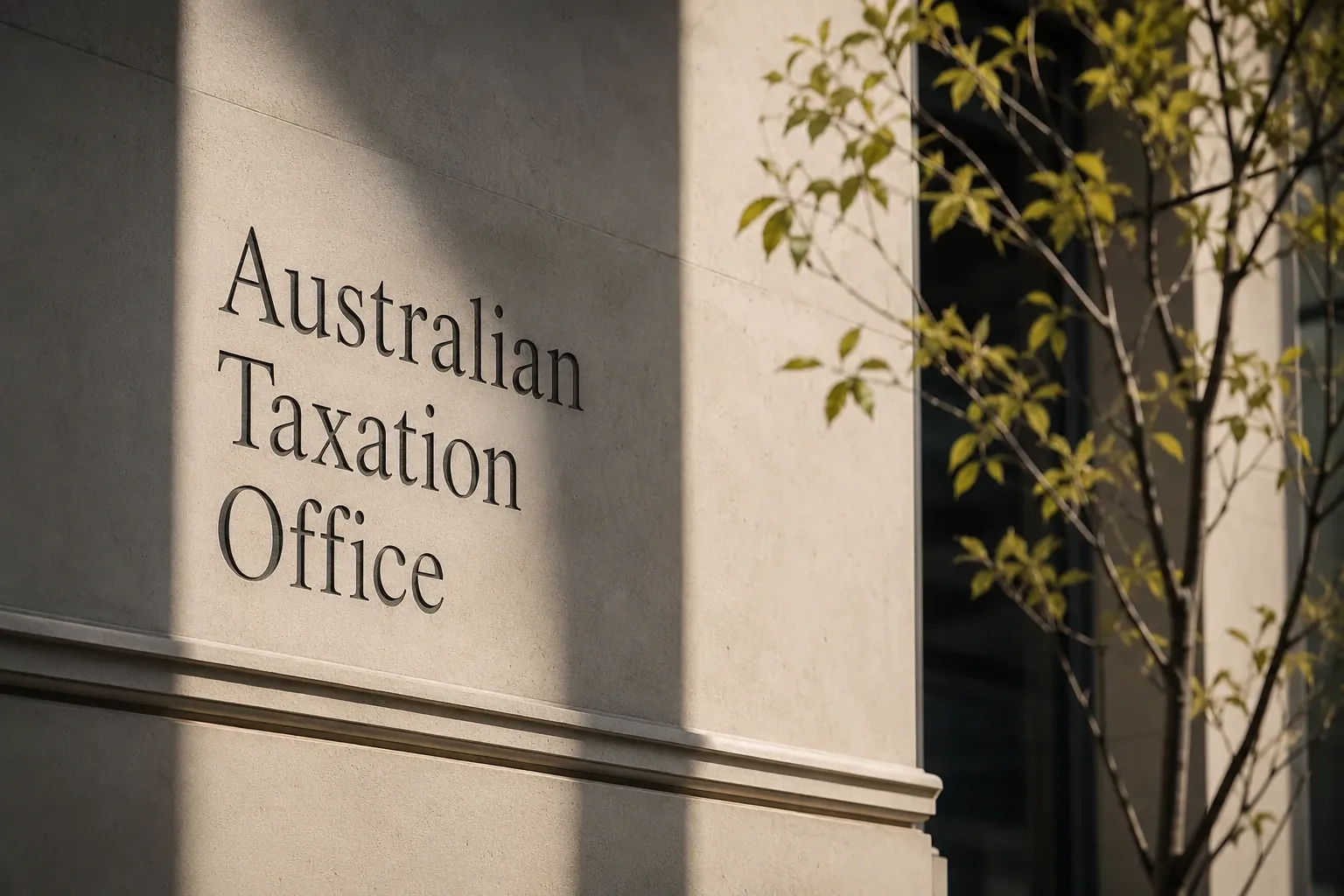نمای نزدیک از سردر ساختمان اداره مالیات استرالیا (Australian Taxation Office) با پس‌زمینه شاخه‌های درخت