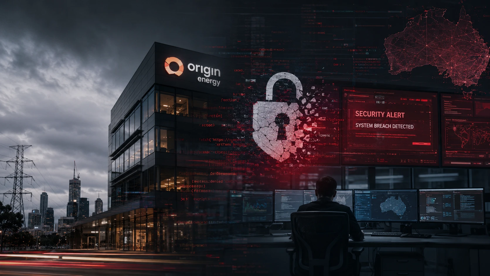 ساختمان Origin Energy با پوششی از هشدار امنیتی قرمز، قفل شکسته، و نقشه استرالیا در پس‌زمینه، نمادی از رخنه داده این شرکت