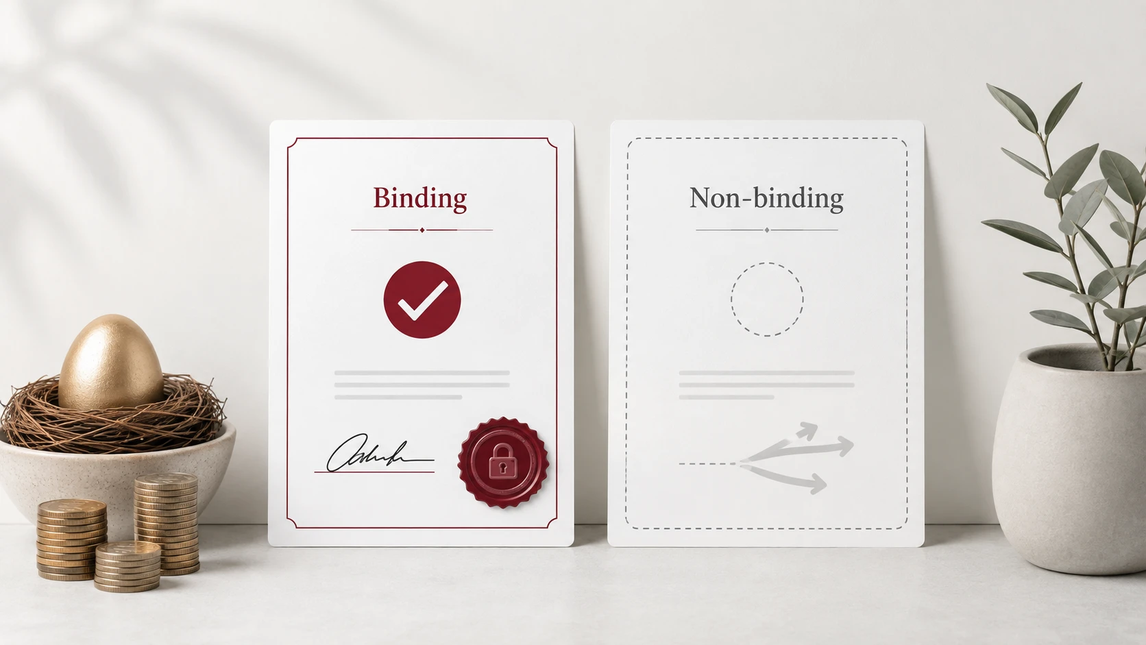 دو کارت کنار هم؛ یکی با عنوان Binding و علامت تیک و مهر موم، دیگری با عنوان Non-binding و دایره خالی، در کنار لانه‌ای با تخم طلایی و سکه